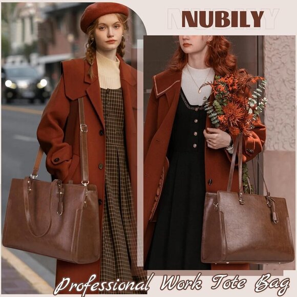 Vintage Laptop Bag Women Brown 15.6 Inch Waterproof Leather Work Tote Retro - Picture 6 of 7